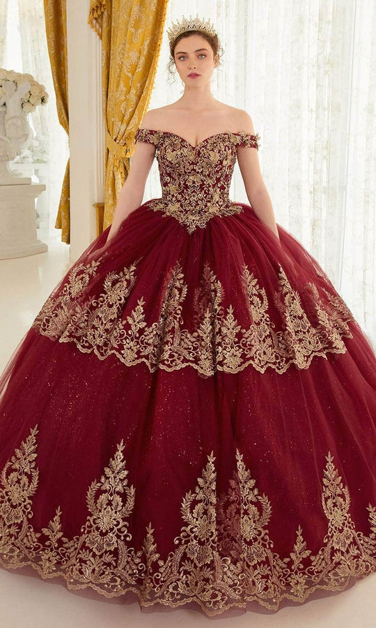 Cinderella Divine 15705 - Gold Lace Applique Off-Shoulder Ballgown