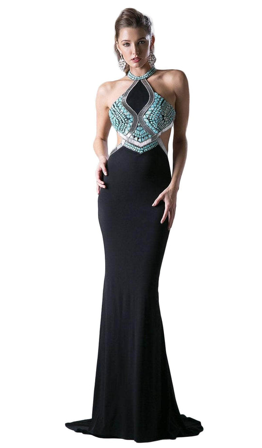 Cinderella Divine 5012 - Embellished Halter Sleeveless Dress Prom Dresses 10 / Black-Orange