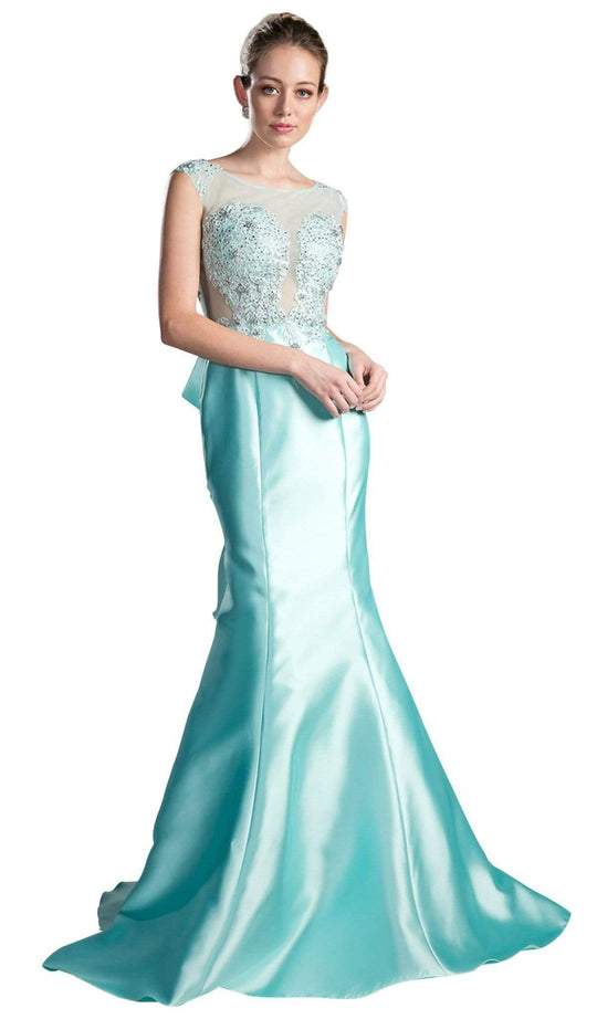 Cinderella Divine - 8984A Cap Sleeve Appliqued Plunging Illusion Gown