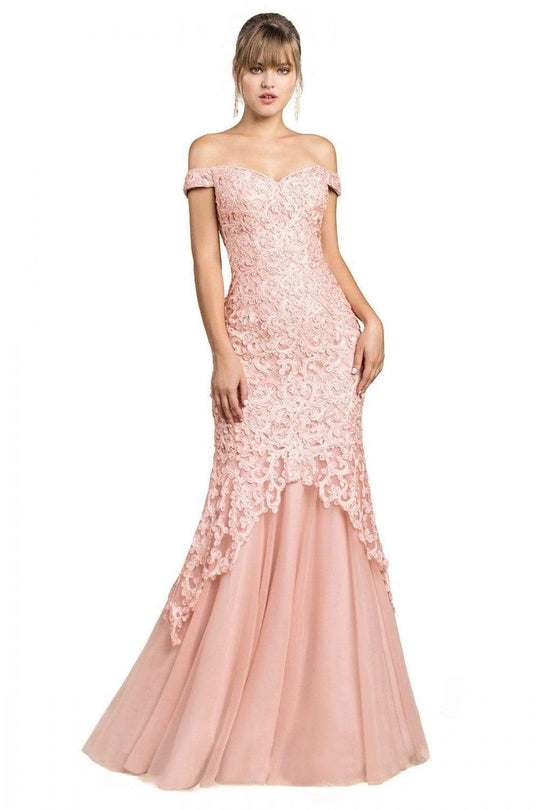 Cinderella Divine - A0401 Off Shoulder Lace Overlay Tulle Mermaid Gown