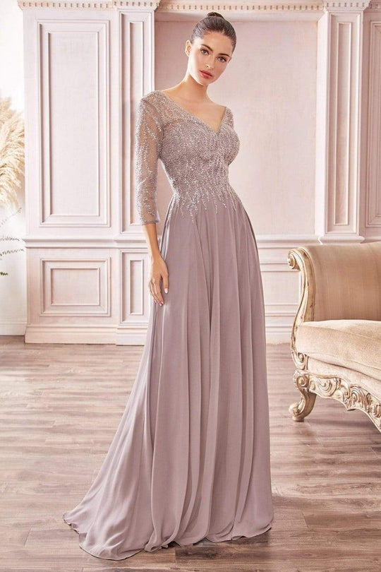 Cinderella Divine - CD0171 Sheer Quarter Beaded Chiffon A-Line Gown