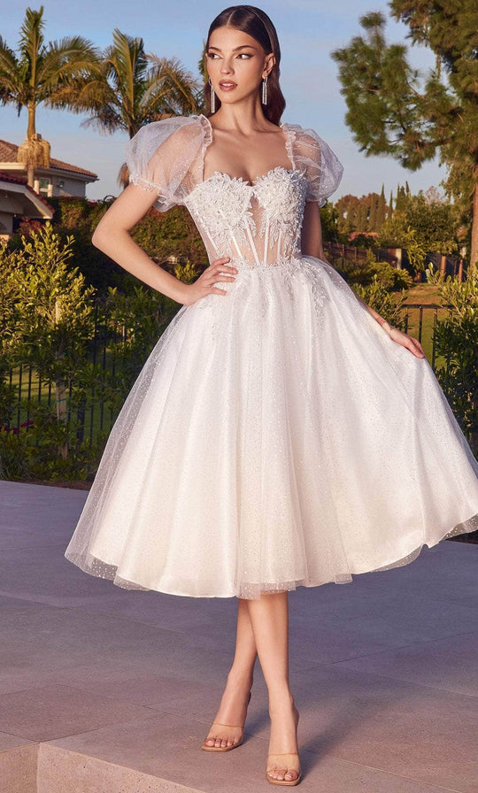 Cinderella Divine CD0187W - Glitter A-line with Puff Sleeves Cocktail Dress