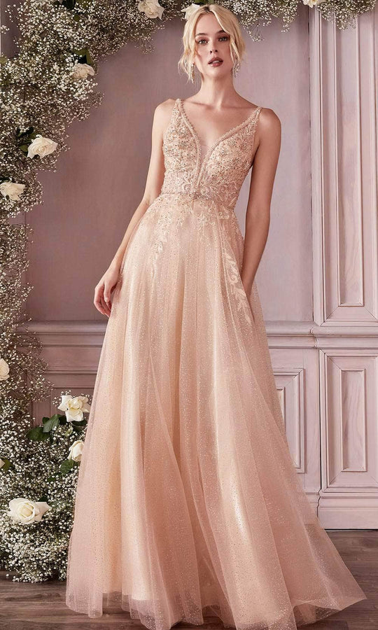 Cinderella Divine CD0196 - Applique V-Neck Long Gown Prom Dresses S / Champagne