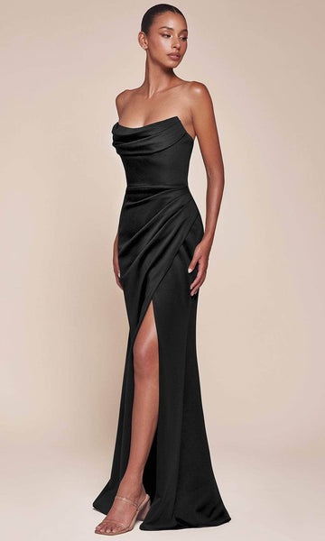 Formal Black Silk Dress Cinderella Divine CD355 Long Neoprene Sheath Dress Fitted, Strapless, Cowl Style, Ruched, High Slit, Mid-Open Back, Lace-Up Closure, Full Length Couture Candy Formal Black Silk Dress Cinderella Divine CD355 Long Neoprene Sheath Dress Fitted, Strapless, Cowl Style, Ruched, High Slit, Mid-Open Back, Lace-Up Closure, Full Length Couture Candy
