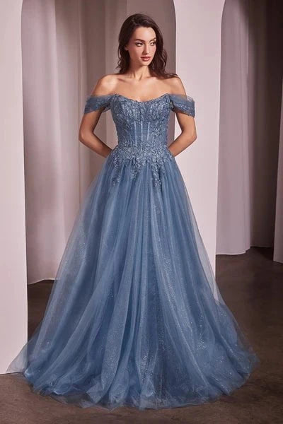 Cinderella Divine CD799 - Floral Embroidered Off-Shoulder Prom Gown