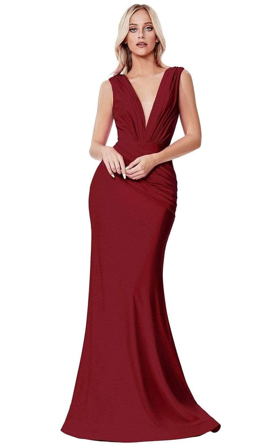 Cinderella Divine CD912 - Plunging Ruched Evening Gown Evening Dresses 2 / Burgundy