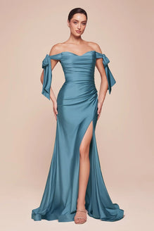 Cinderella Divine - CD943 Off-Shoulder High-Slit Modest Prom Dress - 16 / Lake Blue