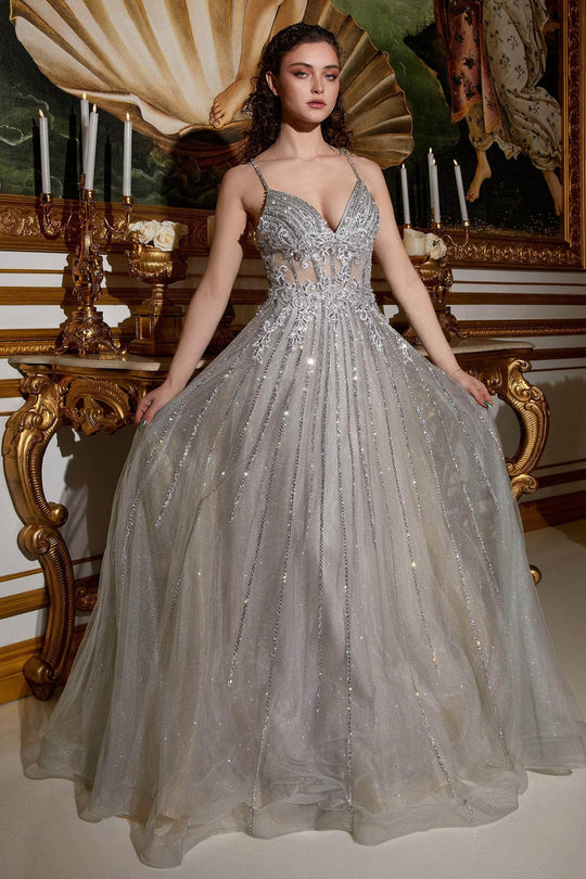 Cinderella Divine CD994 - Floral Deep V-Neck Prom Dress