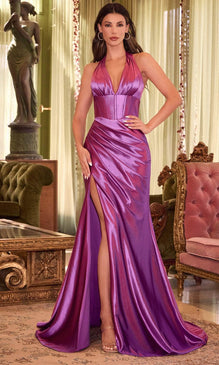 Cinderella Divine CH048 - Halter Gown with Plunging Pleated Bodice - XS / Orchid