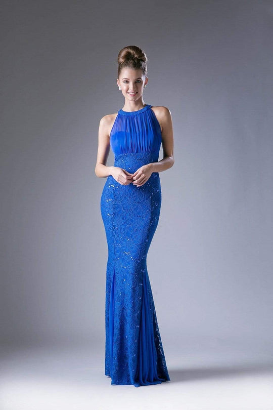 Cinderella Divine - Sleeveless Lace Illusion Halter Sheath Dress