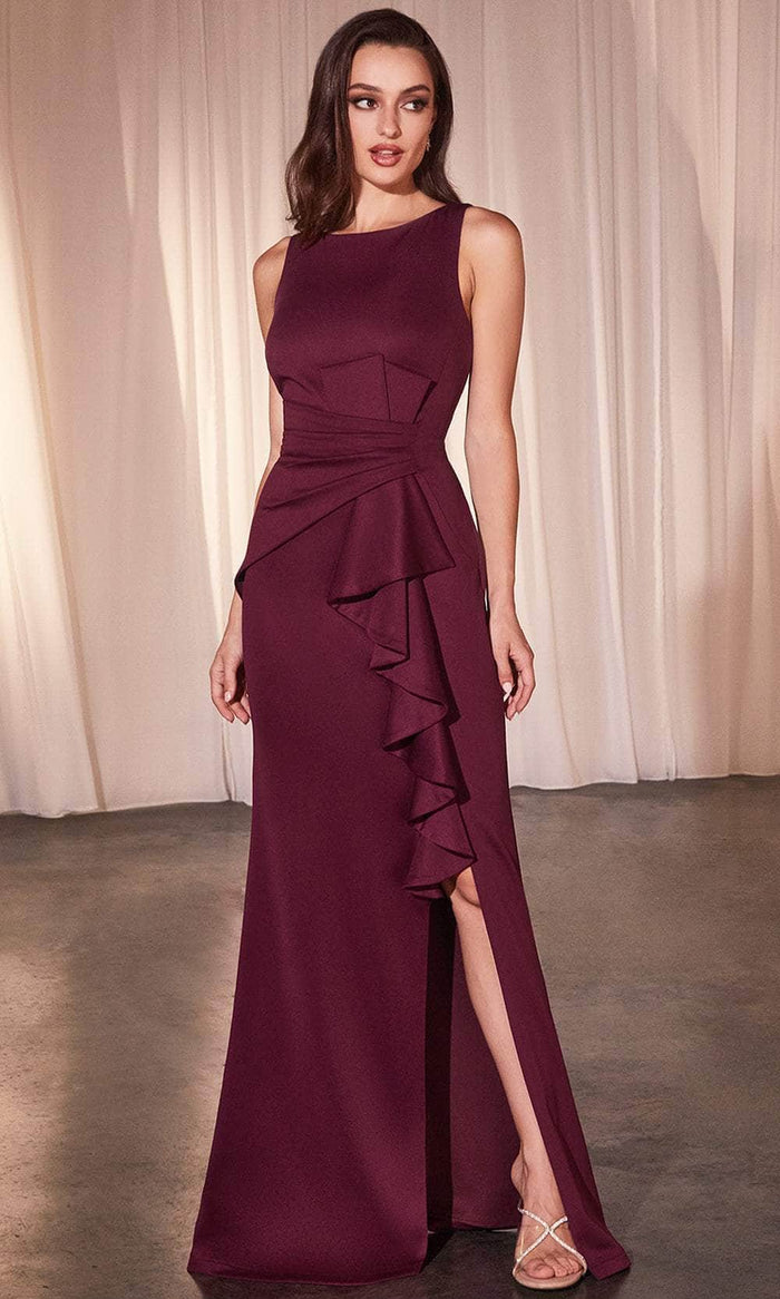 Cinderella Divine CH377 - Long Neoprene Sheath Dress - Sleeveless, Pleated Waist, Cascading Ruffle, Front Slit, V-Back, Fitted Couture Candy Cinderella Divine CH377 - Long Neoprene Sheath Dress - Sleeveless, Pleated Waist, Cascading Ruffle, Front Slit, V-Back, Fitted Couture Candy