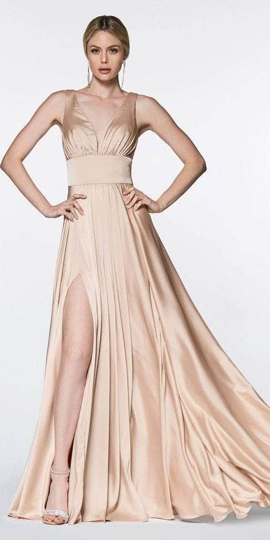 Sleeveless V Neck High Slit Satin Gown