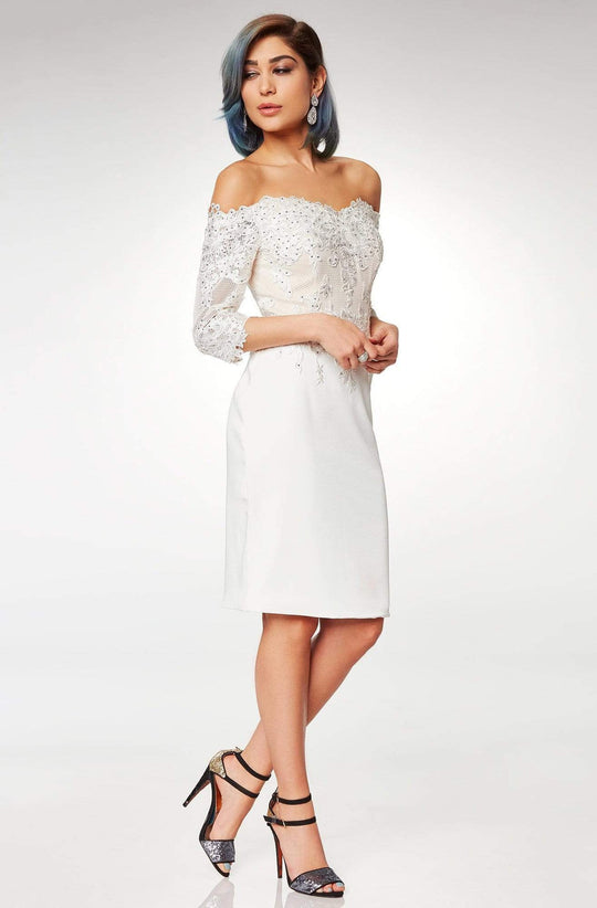 Clarisse - M6566 Lace Off-Shoulder Satin Sheath Knee Length Dress