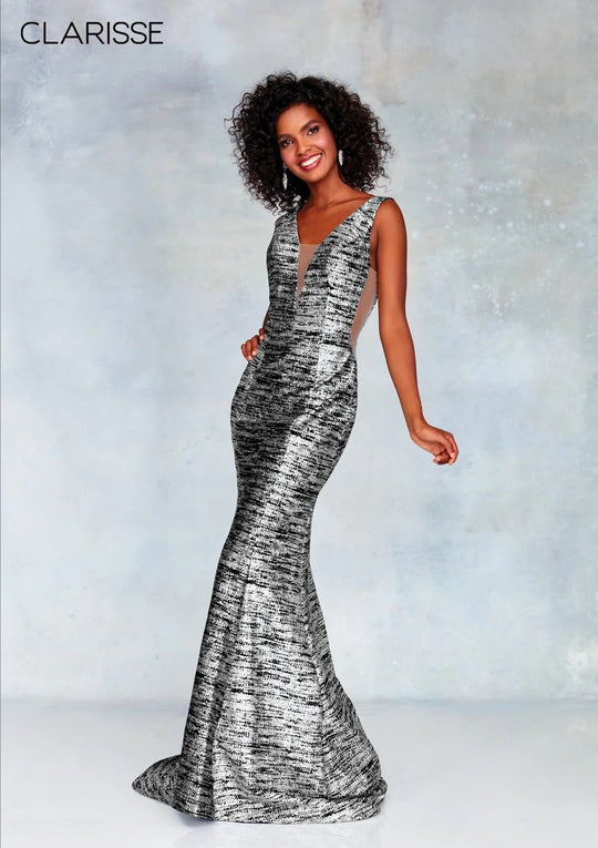Clarisse - 3713 Plunging V-Neck Glitter Knit Mermaid Gown