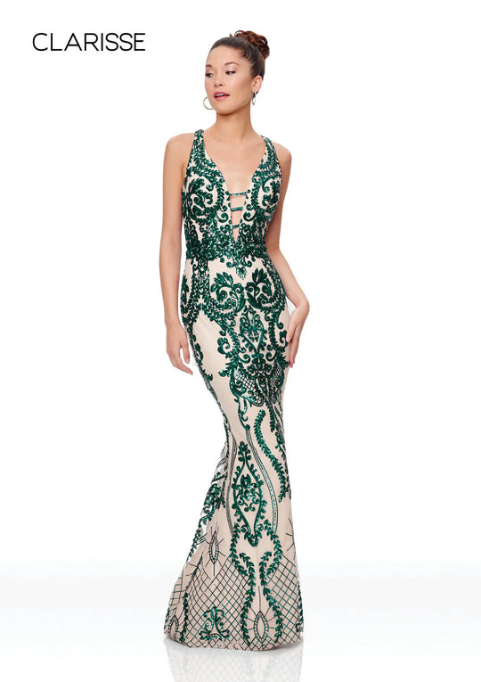 Clarisse - 3797 Sequined Deep V-neck Mermaid Dress