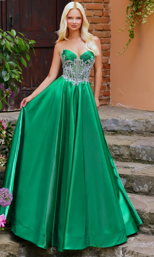 Clarisse 62140 - Beaded Sheer Corset Liquid Satin Gown