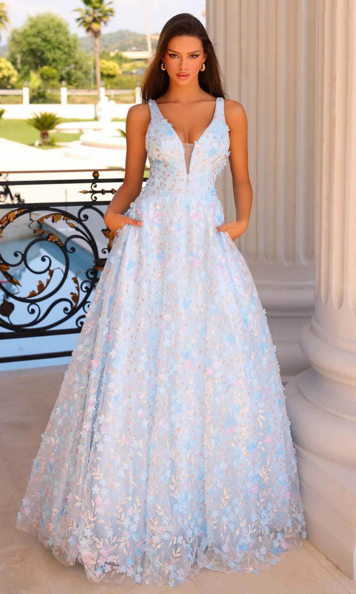 Clarisse 810723 - V-Neck Floral Appliqued Prom Gown Prom Dresses 0 / Light Blue