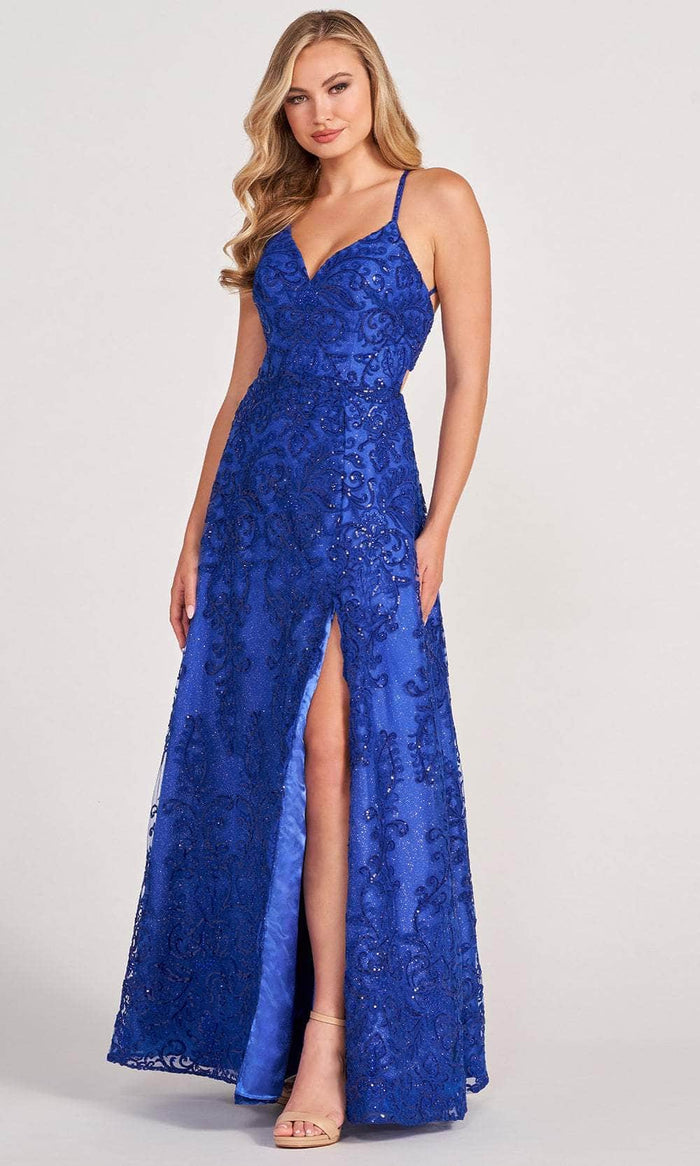 Colette By Daphne CL2028 - Glittering Lace Applique Evening Gown Evening Dresses 00 / Royal Blue