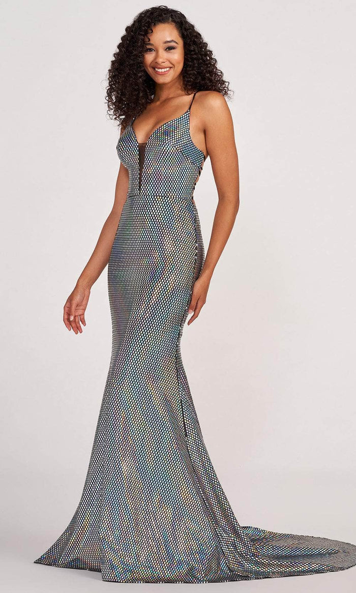 Colette By Daphne CL2071 - Iridescent Polka Dotted Trumpet Gown Prom Dresses 00 / Slvr/Multi