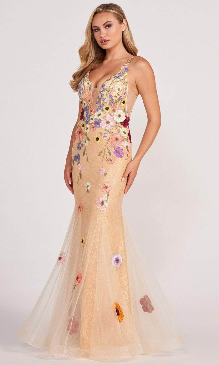 Colette By Daphne CL2085 - Floral Embroidered Tulle Mermaid Gown Prom Dresses 00 / Champ Multi