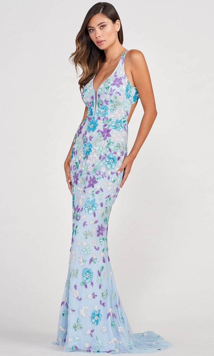 Colette By Daphne CL2088 - Floral Patterned Sequin Long Gown Prom Dresses 00 / Lt Blue Multi