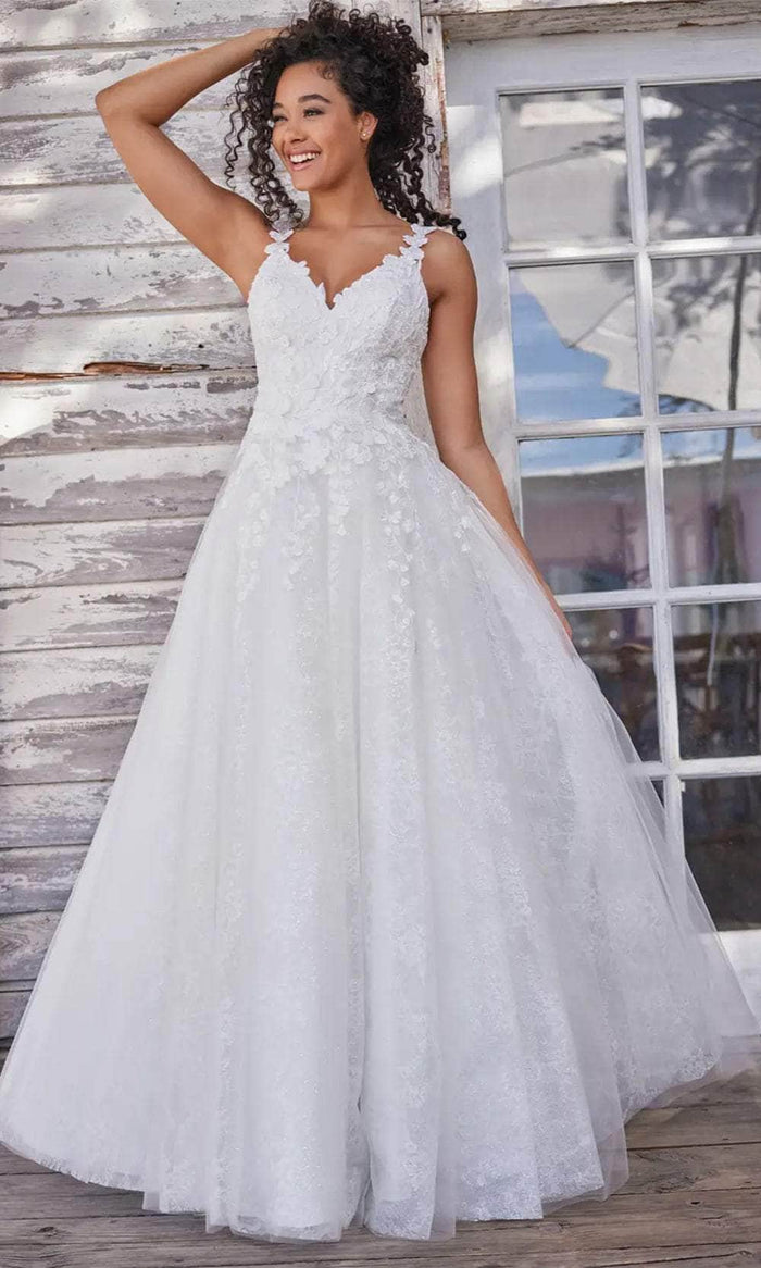 Colette By Daphne CL5157 - Floral V-Neck Ballgown Prom Dresses 00 / Diamond White