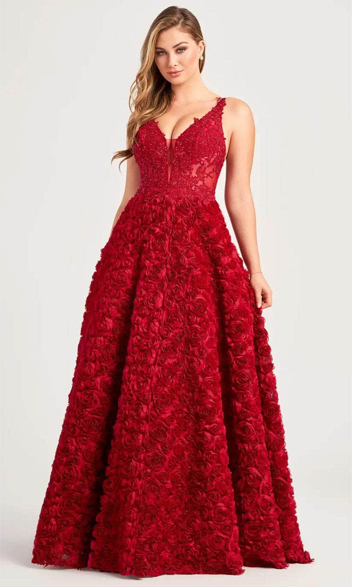 Colette By Daphne CL5251 - Plunging V-Neck Floral Ballgown Ball Gowns 00 / Cranberry