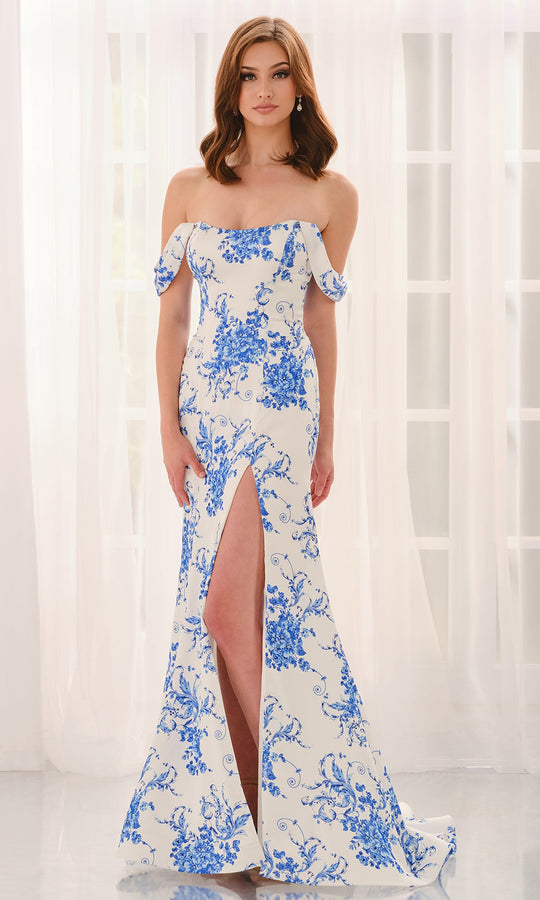 Colette CL6127 - Off Shoulder Printed Satin Gown with Slit