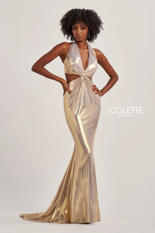 Colette By Daphne CL8505 - Metallic Halter Prom Gown