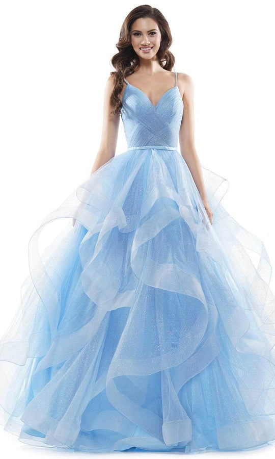 Colors Dress 2381 - Glitter Mesh V Neck Ballgown