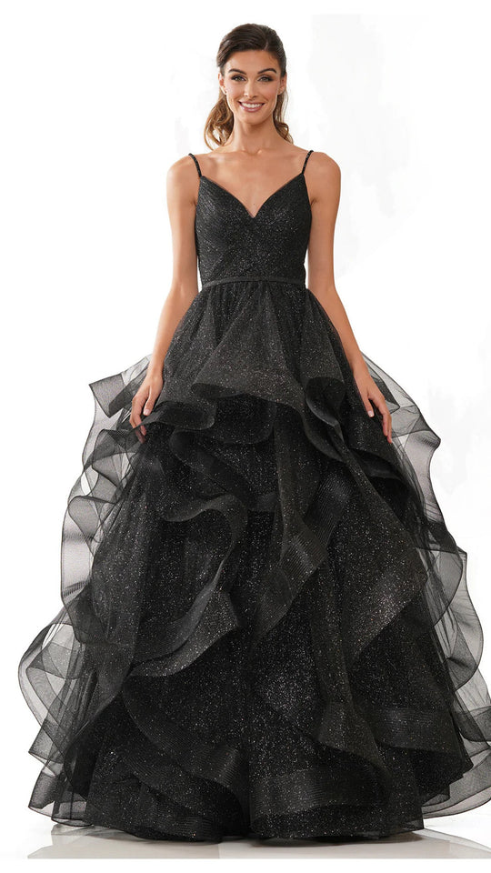 Colors Dress - 2381 V Neck Glitter Mesh Ballgown
