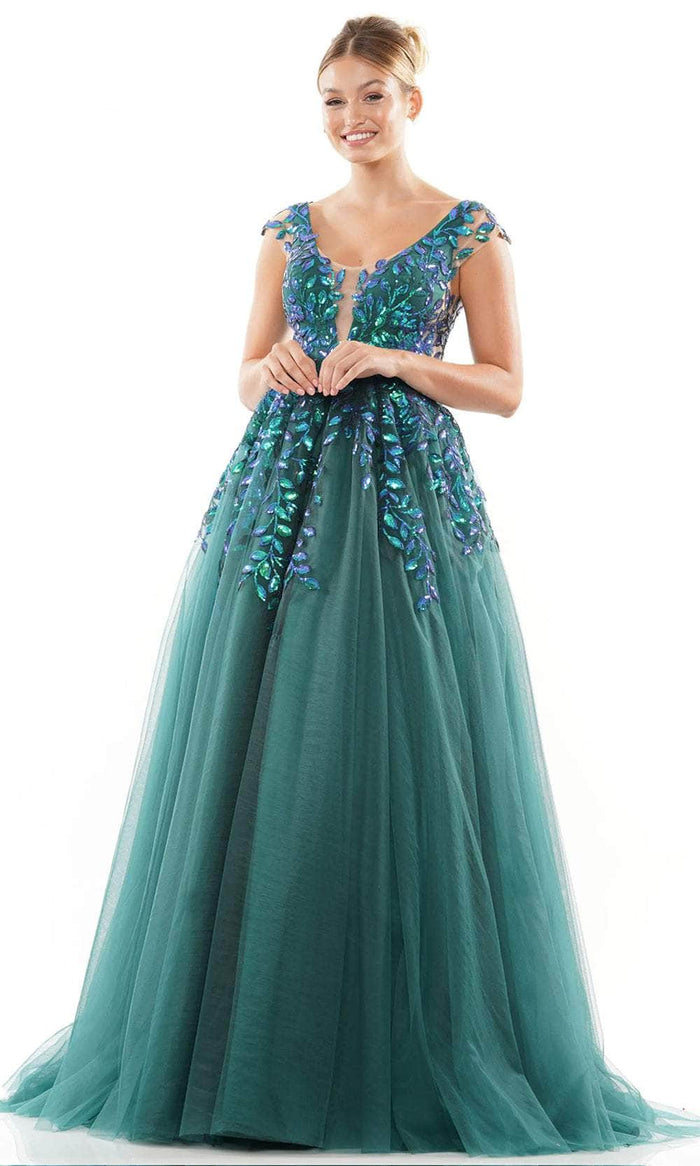 embroidered mesh prom dress Illusion v neck embroidered mesh a line dress w open v back GLGL3070 smcfashion.com
