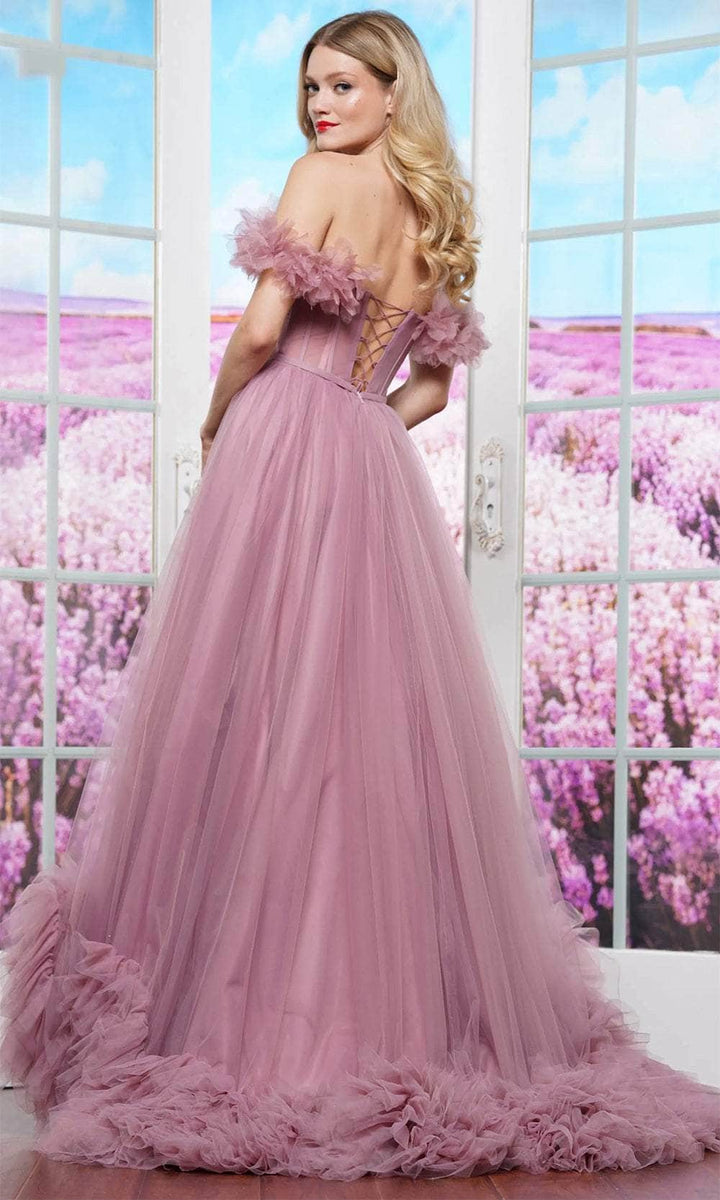 Colors Dress 3485 - Long Tulle A-Line Dress - Ruffle Draped Sleeves ...