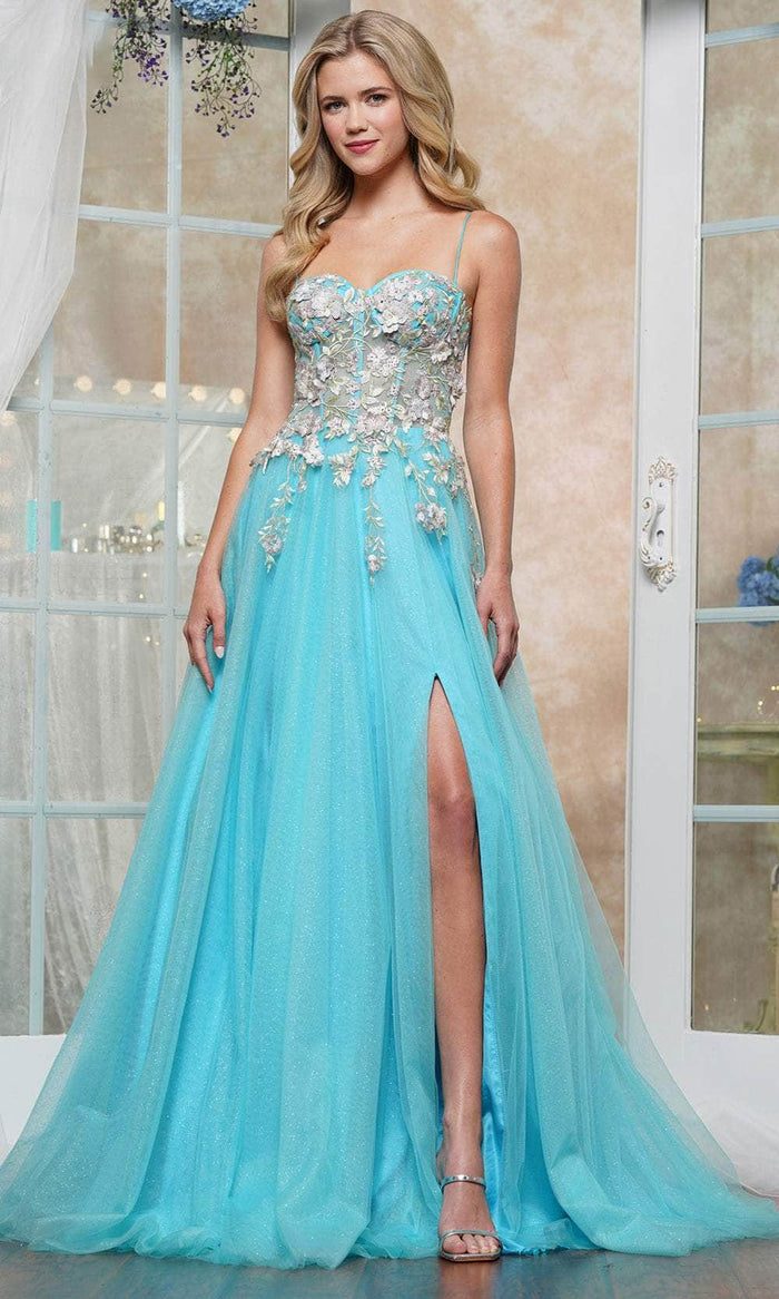 Colors Dress 3496 - Long Tulle with 3D Flower A-Line Dress