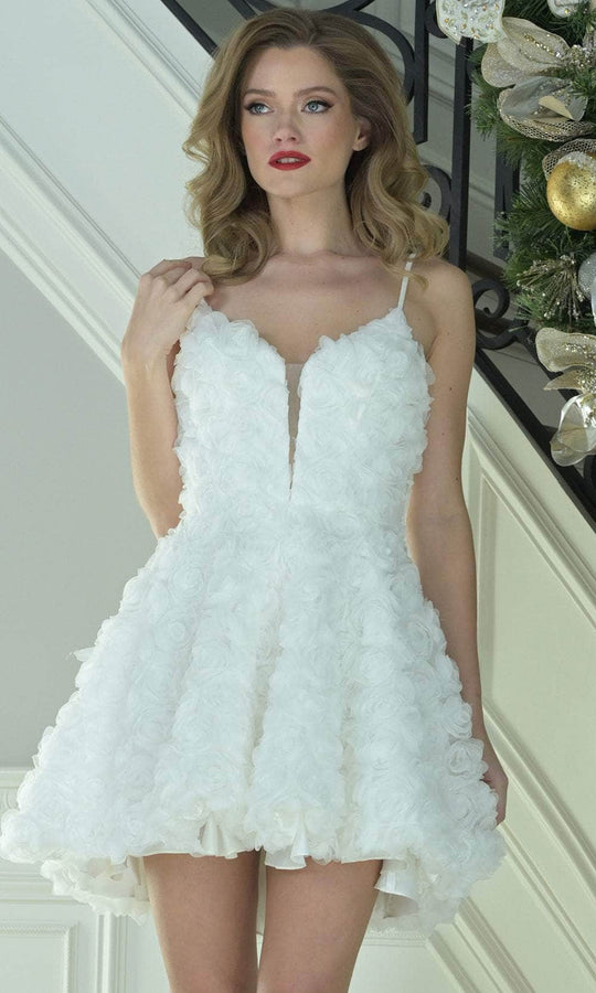 Colors Dress 3672 - Plunging Floral Applique Mini Dress