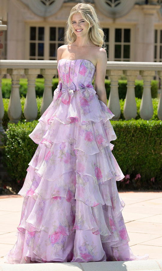 Colors Dress 3809 - Floral Print Tiered A-line Gown