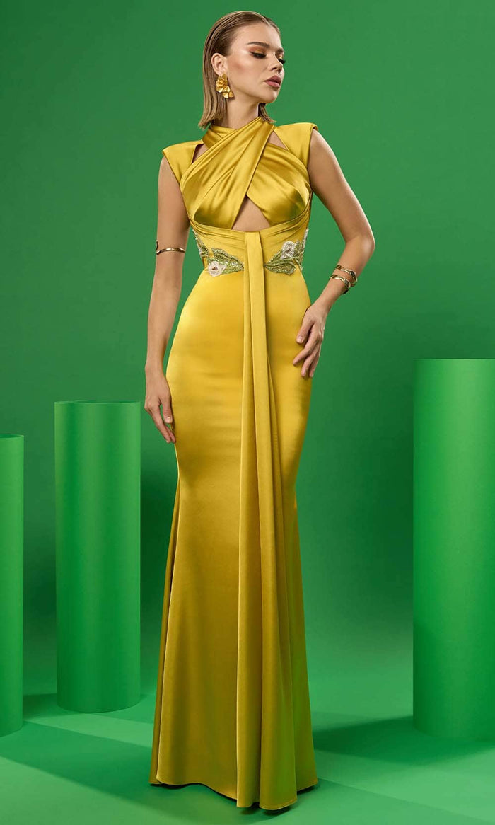 Cristallini Elysee CA01 - Halter Embroidered Evening Gown Special Occasion Dress XS / Gold Yellow Black