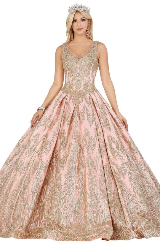 Dancing Queen - 1508 Embellished V-neck Pleated Ballgown