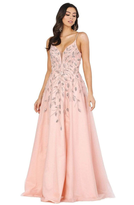Dancing Queen - 2965 Embellished Deep V-neck A-line Dress