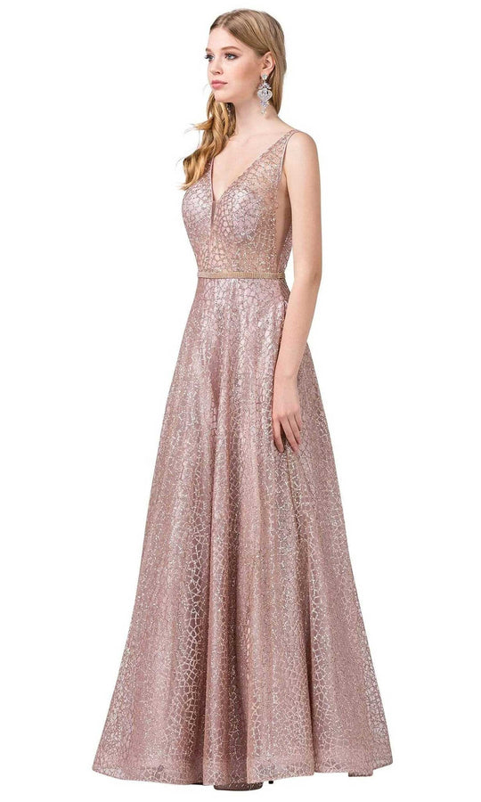 Dancing Queen - Illusion Plunging V-Neck Glitter Mesh Prom Dress 2593