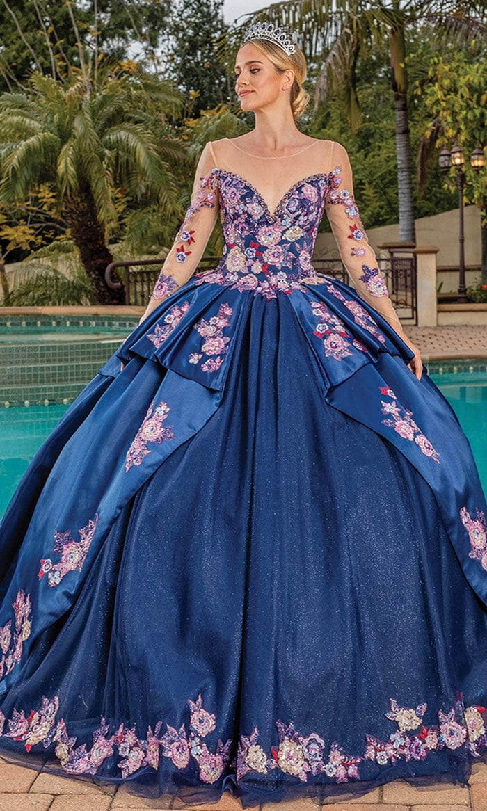 Dancing Queen 1816 - Long Sleeve Floral Ballgown Ball Gowns XS / Navy