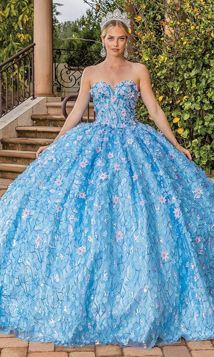 Dancing Queen 1835 - Floral Embellished Strapless Ballgown Ball Gowns XS / Bahama Blue