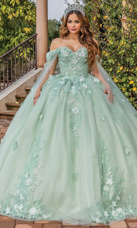 Dancing Queen 1838 - Floral Appliqued Cape Sleeve Ballgown