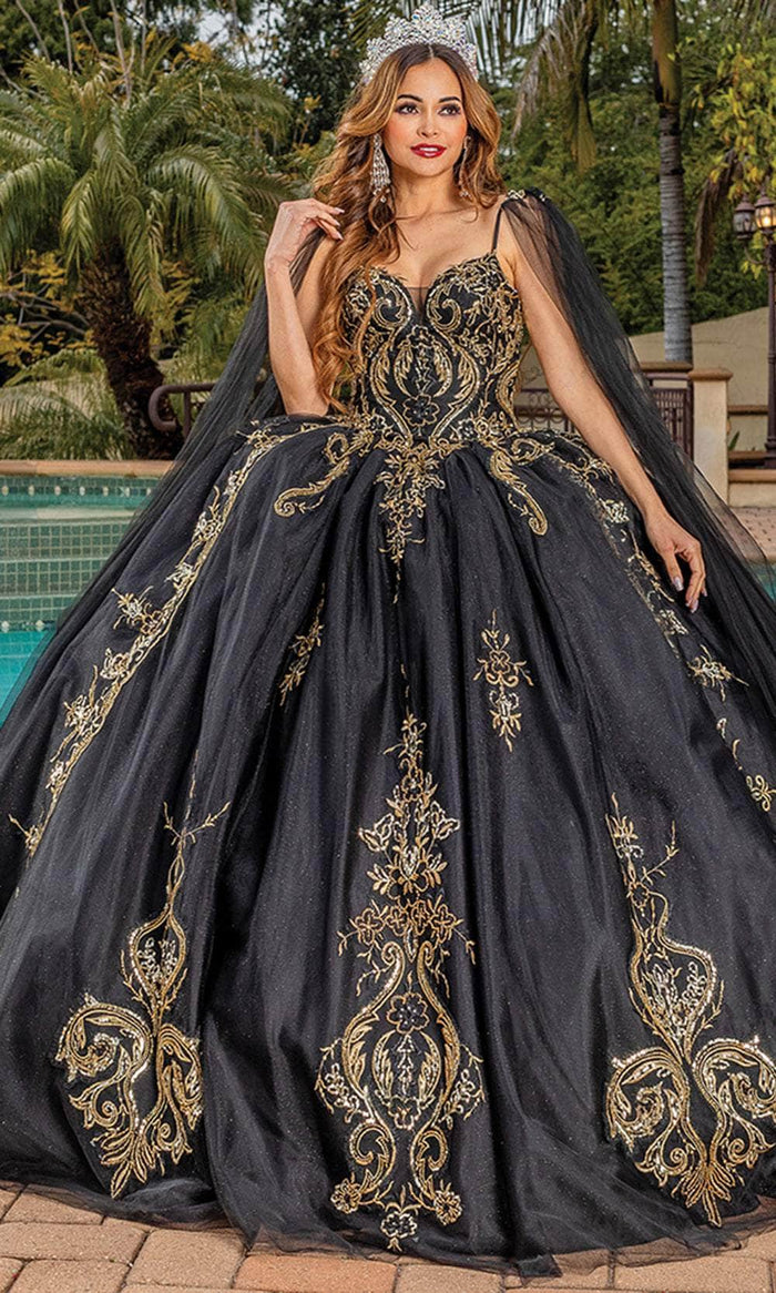 Dancing Queen 1866 - Embroidered Twin Cape Gown Special Occasion Dress XS / Black