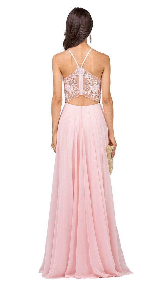 Dancing Queen - 2369 Embroidered Sheer Halter Chiffon Prom Dress