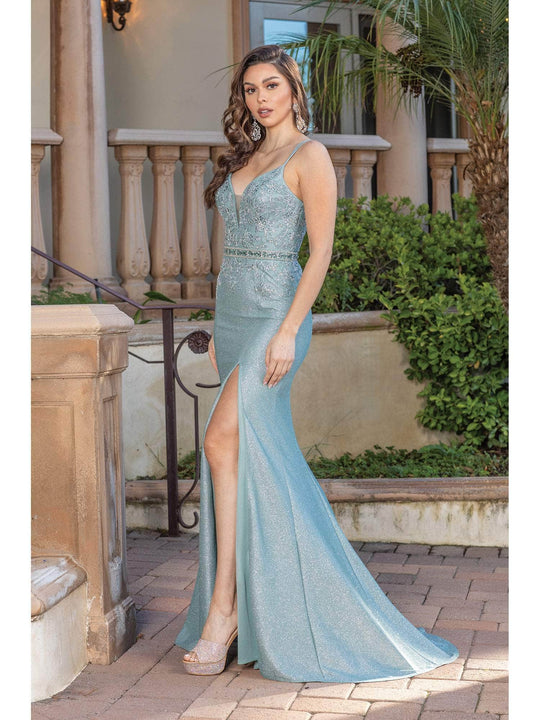 Dancing Queen 2981 - Glittered Deep V-neck Long Gown