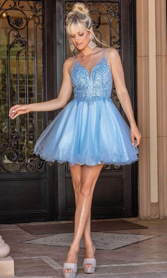 Dancing Queen 3308 - V-Neck Curled A-Line Cocktail Dress