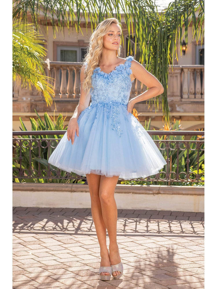 Dancing Queen 3309 - Floral Detailed Tulle Cocktail Dress Cocktail Dresses XS / Bahama Blue