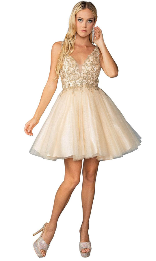 Dancing Queen 3398 - Beaded Applique V-Neck Tulle Dress