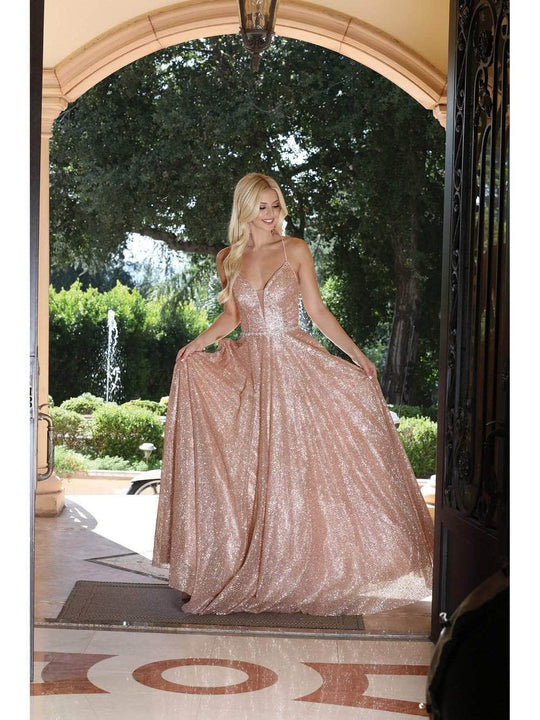 Dancing Queen 4086 - Glitter Plunging Neckline Prom Gown